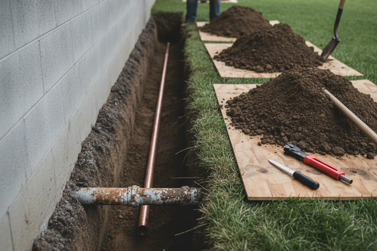 Excavated water line trench during Sewer Line Repair in Moseley